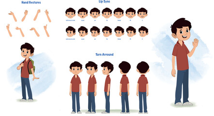 A boy character model sheet for animation. Kids character model sheet with lips syn, hand gesture, turnaround sheet  - obrazy, fototapety, plakaty