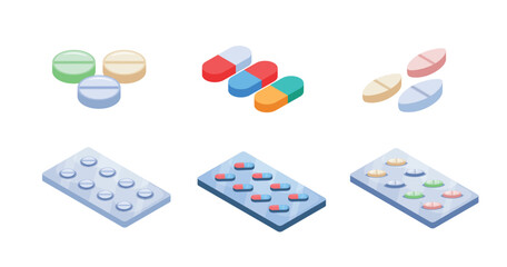 concepts medical supplies.Various meds. Pills, capsules blisters,plastic tubes with caps.Drug medication and supplements collection. Realistic flat style vector object illustration.