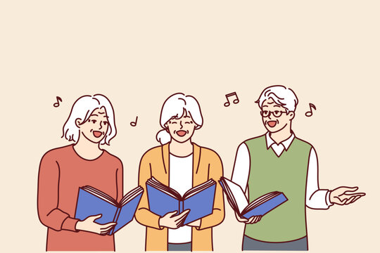 Chorus elderly men and women with workbooks in hands singing song together and enjoying old age. Gray-haired people from ensemble sing doing favorite hobby or giving musical concert