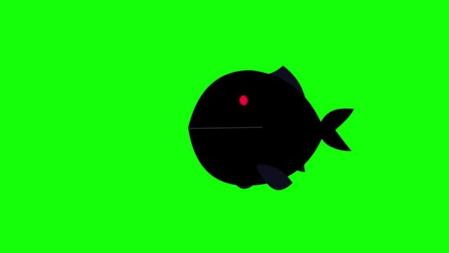 Big fish eating little fish black red on green screen. Cartoon business metaphor. Modern explainer motion graphic version. Large and small. Seamless loop isolated.
