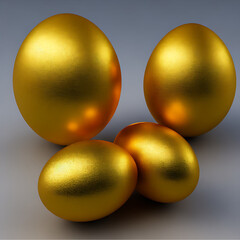 Four golden eggs on a gray background, Generative AI
