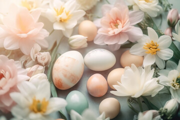 Obraz na płótnie Canvas Happy Easter concept with easter eggs in nest and spring flowers on light background. Easter background with copy space,