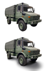 Obraz premium Military Truck 3/4 front to side view with Shadow Isolated on White Background 