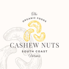 Cashew Logo Template. Hand Drawn Nuts Sketch with Retro Typography. Premium Plant Based Vegan Food Badge Emblem Isolated