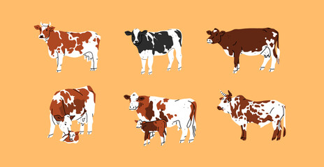 Hand drawn abstract vector clipart illustration collection set with brown adorable cute,stylized cow characters.Trendy modern art design concept.Vector cartoon farm animals symbol. Cartoon cow animal.