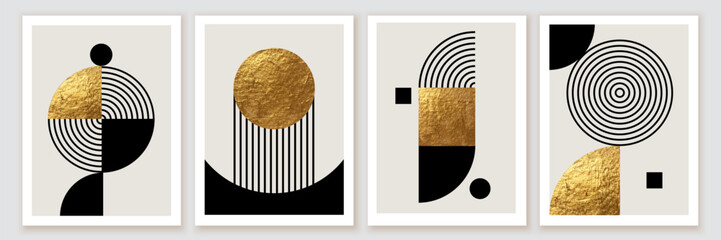 Abstract minimalist wall art composition in beige, grey, white, black colors. Simple line style. Golden geometric shapes