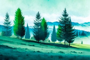 Fototapeta premium Watercolor Landscape With Trees And Sky. Generative AI