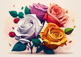 Bouquet of colorful roses on a white background. Generative AI