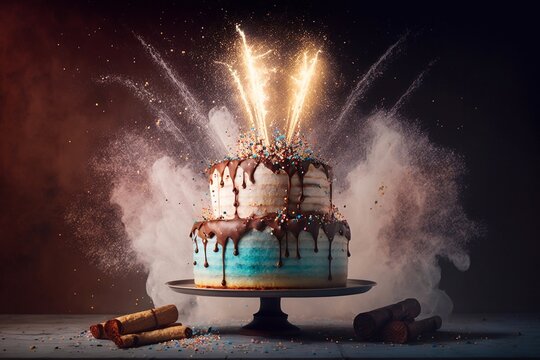 Birthday cake with fireworks. Generative AI