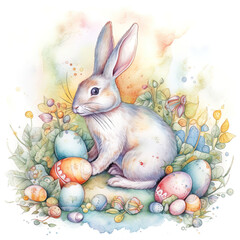 Fototapeta na wymiar Bunny with easter eggs, easter rabbit with eggs, colorful celebration easter eggs, fluffy rabbit sitting among eggs, colored illustration. Generative AI.