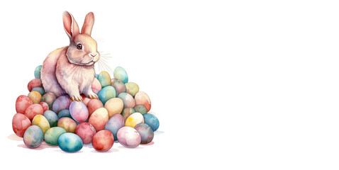 Fototapeta na wymiar Bunny with easter eggs, easter rabbit with eggs, colorful celebration easter eggs, fluffy rabbit sitting among eggs, colored illustration. Generative AI.