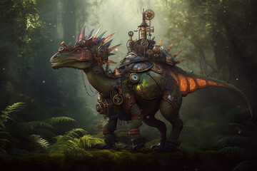 steampunk dinosaur in the woods, Generative AI