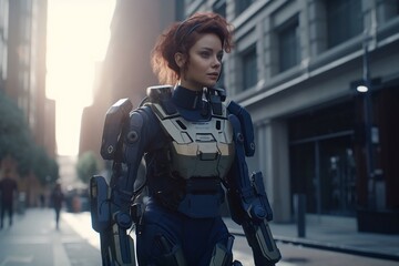 a female soldier in sci fi suit walking on the street. generative AI