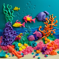 Obraz na płótnie Canvas Underwater world with coral reefs and from colored plasticine on the background of blue sea. Generative Ai