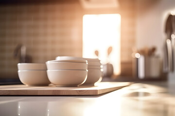 Fototapeta na wymiar Kitchen surface against blurred kitchen background. Generative Ai