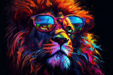 Generative AI illustration of a lion with a lush mane wearing sunglasses in neon colors. Use in textiles, as a print.