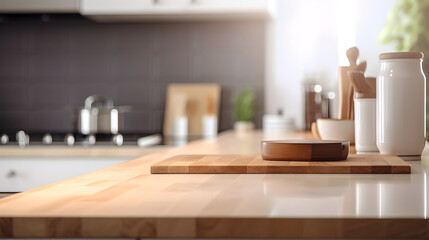 Fototapeta na wymiar Kitchen surface against blurred kitchen background. Generative Ai