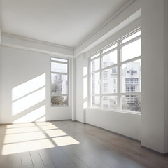 White empty walls, in a new apartment, large windows, sunlight. Generative Ai