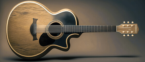 Beautiful acoustic guitar on a dark background, generative AI. - obrazy, fototapety, plakaty