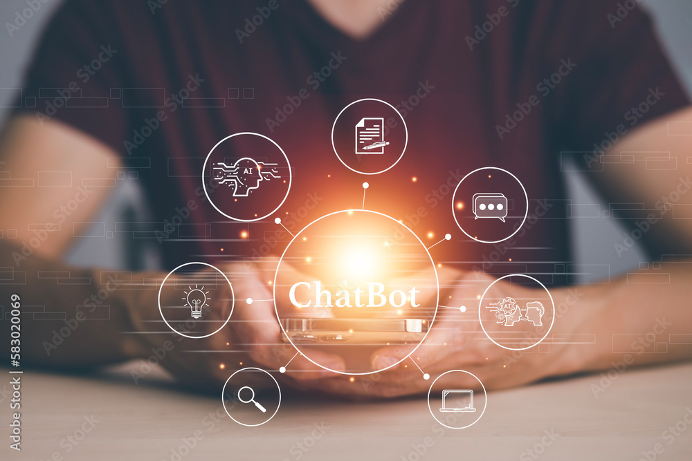 Aufkleber businessman hold laptop and touch chat bot chat with ai, artificial intelligence, system artificial 