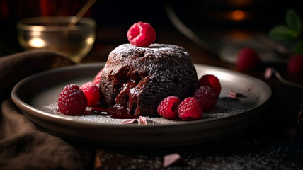 Close-up of a Delicious Lava Cake with Raspberry Sauce and Chocolate Fondant