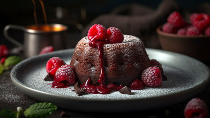 Decadent Lava Cake with Raspberry and Chocolate Fondant on a Plate