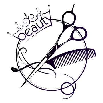 Scissors and curl of hair in a circle and crown. Beauty salon sign