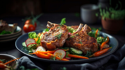 Mouth-watering roasted lamb chops and crispy fried chicken with fresh vegetables