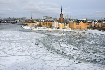 Riddarholmen and frozen lake, Stockholm, Sweden