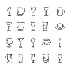 Stemware for drinks black line icons set.