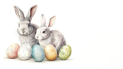 Obraz premium Easter bunny with easter eggs banner on white background, isolated, Generative AI