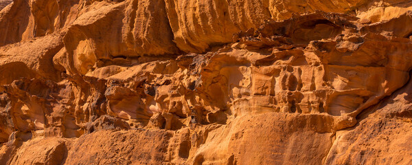 Wadi Rum, Jordan beautiful view of mountain sandstone rocks close-up abnner