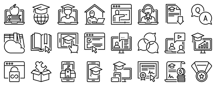 Line icons about online education on transparent background with editable stroke.