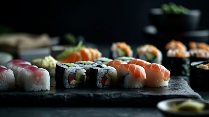 Dine in Style: Delicious Sushi and Sashimi on a Black Stone Plate