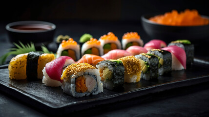 Culinary Masterpiece: Set of Sushi and Sashimi on Black Stone Plate