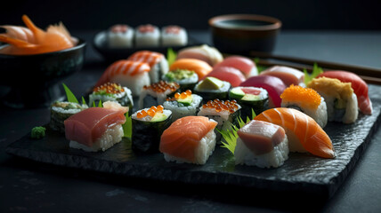 Japanese Delicacies: Appetizing Set of Sushi and Sashimi on Black Stone Plate