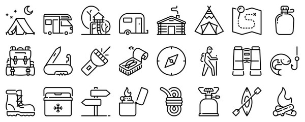Line icons about outdoor camping on transparent background with editable stroke.