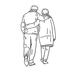 Fototapeta na wymiar Old Couple People walking together Senior lifestyle Hand drawn line art Illustration