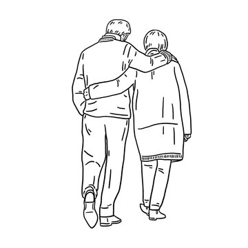 recommend clip art: Old Couple People walking together Senior lifestyle Hand drawn line art Illustration