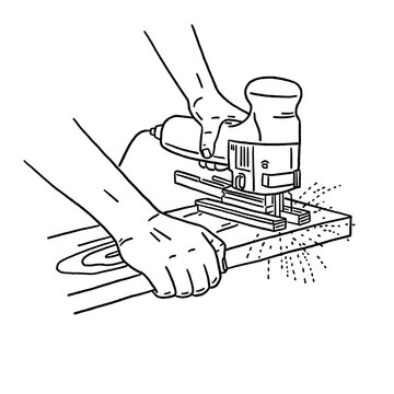hands using jigsaw cutting wood