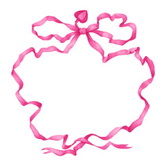 Vintage design frame, template with red ribbon, bow and heart. Border ornament for design, greeting cards, arts decoration. Watercolor hand drawn painting illustration on white background.