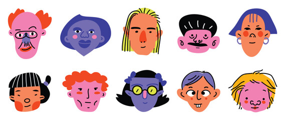 Obraz premium Set of face portrait cute funny character vector. Hand drawn collection of people, different hairstyle, gender, girl, man. Diverse people design for print, logo, icon, emoji, poster, card, branding.