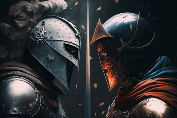 Two medieval knights in armor and helmets confront each other. Battle, war of good and evil, enemy, armed conflict, duel concept. Illustration created by generative ai - obrazy, fototapety, plakaty
