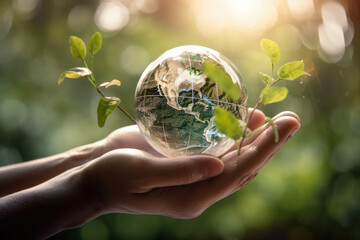 Sustainability, hand holding earth, generative ai