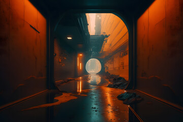 Dark grungy abandoned underpass. Future post apocalypse environment concept. Neural network AI generated art
