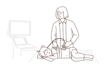Female doctor do ultrasound of girl in clinic 
