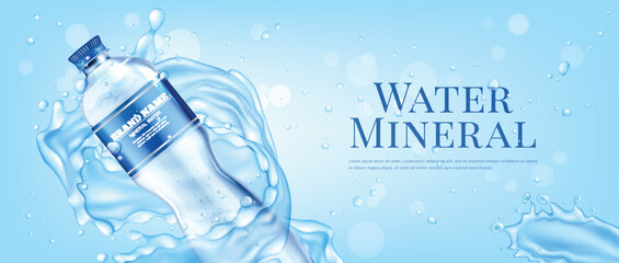 Realistic Detailed 3d Mineral Water Plastic Bottle with Pure Drink Ads Banner Concept Poster Card. Vector illustration