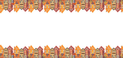seamless horizontal pattern with vintage houses. Buying a house, housewarming. Drawing on transparent background	