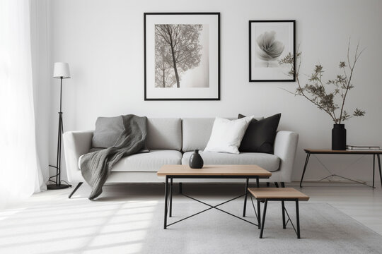 Modern living room in grey and beige colors, interior created with ai generative tools