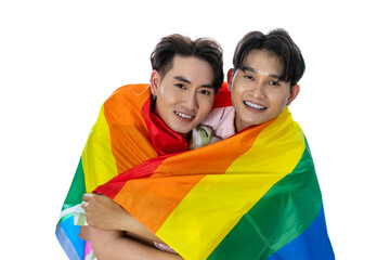 Portrait of cute Asian LGBT homosexual men or gay couple smiling and embracing, covered with pride...